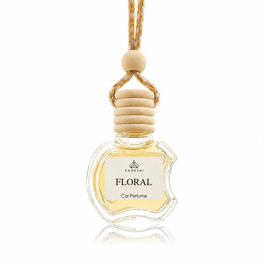 Kankshi Floral car perfume - hanging glass diffuser with natural wood cap