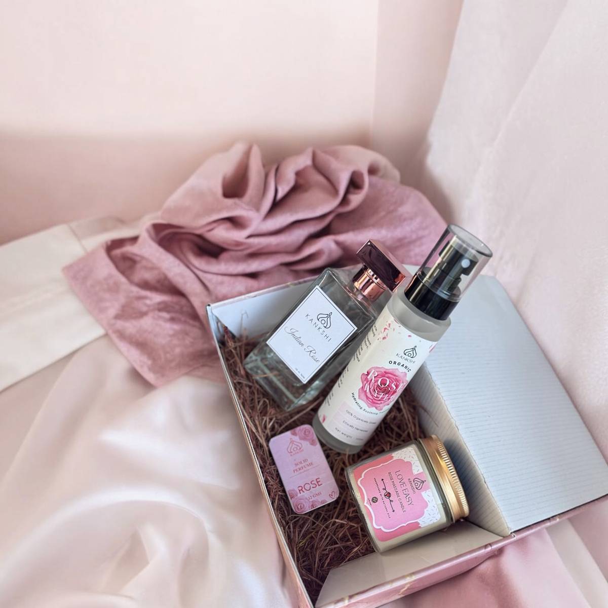 Kankshi Rakhi Gift Box - Top View with Rose Petals